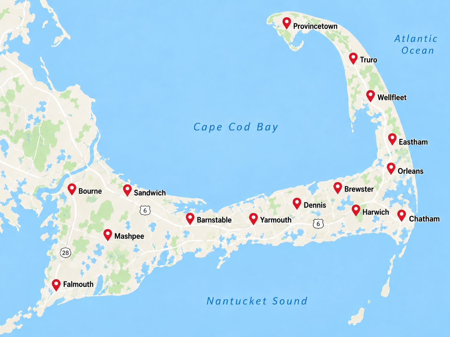 Phoenix Landscaping service area across Cape Cod including Bourne, Falmouth, Mashpee, Sandwich, Barnstable, Yarmouth, Dennis, Harwich, Brewster, Chatham, Orleans, Eastham, Wellfleet, Truro and Provincetown
